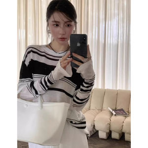 YUEZHONGWEI | Summer Thin Long Sleeve Knitted Top Womens Translucent Air Conditioning Sun Protection Cover Up Striped Mesh Outerwear Blouse