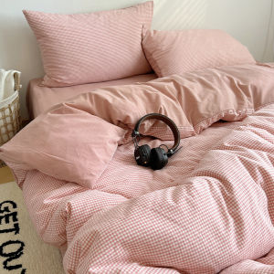 Kiss Dear | Fengshui Style 100% Cotton Pink Grid Duvet Cover Set 4 Pieces