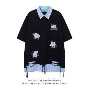 เสื้อยืดคอโปโลแขนสั้นผ้าฝ้ายปักลายหมา MOISHE TIDE สไตล์อเมริกัน ฤดูร้อน สำหรับทั้งชายและหญิง ทรงหลวม ระบายอากาศได้ดี