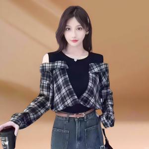 Sweet And Spicy Short Knitted Top round Neck Plaid Female Fashion Korean Style Autumn New Arrival ZODINA Commute Pure E-commerce