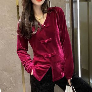 Elegant Chinese Style Button up Long Sleeve Womens Shirt Autumn Winter New Style Slimming Base Layer Fashionable Top