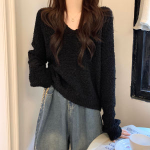 Ladies V-neck Knitted Sweater Loose Long Sleeve Overhead Style Warmth-Fulfilling Spring Autumn Outerwear for Small Figures