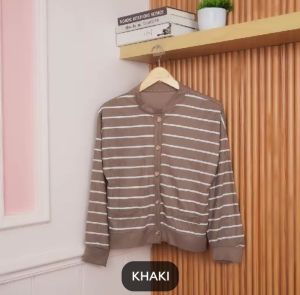 Cardigan rajut strip outher Korean knit crop wanita