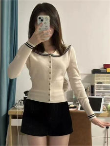 Sweet Style Long Sleeve Knitted Cardigan Womens Autumn Winter Slim Fit Navy Collar Top Quality Soft Knitwear Fashionable Casual Wear