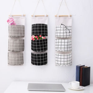 Plaid Cotton Linen Hanging Storage Bag 3 Pocket Door Organizer Wall Mount Pouch for Bedroom Bathroom Storage Holder