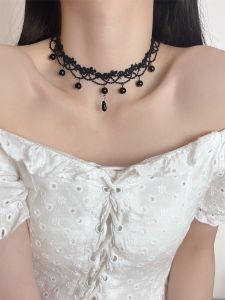 Halloween Vintage Lace Trim Pearl Pendant Tassel Choker Necklace Lolita Clavicle Chain Womens Fashion Jewelry Accessories