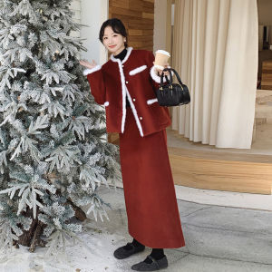 Red Chinese Style Set Dress Womens Cotton Jacket Skirt Two-Piece Suit Winter New Fashion Elegant Misses Coat Dress