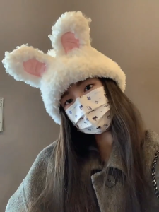 PaulWeekend หมวกบีนนี่สวมหูกระต่ายนุ่มน่ารักสำหรับผู้หญิงหมวกแก๊ปถักด้วยไหมพรมอบอุ่นสำหรับฤดูหนาวเครื่องประดับแนวสตรีทแฟชั่น