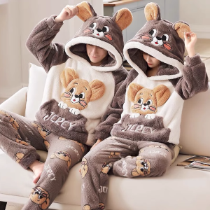 ชุดนอนผ้าฟลานเนลหนาสำหรับคู่รัก ผ้าขนแกะคอรัลสำหรับผู้ชายและผู้หญิง ชุดนอนบ้านไซส์ใหญ่ ชุดนอนฤดูใบไม้ร่วง/ฤดูหนาว ชุดนอนผ้าขนแกะคอรัลสำหรับคู่รัก