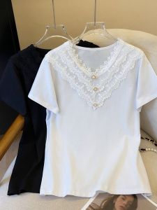 Summer Thin Short Sleeve T-Shirt Womens V-neck Lace Trim Loose Fit Pure Color Large Size Versatile Top for Middle-aged Mothers