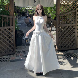 Chic Korean Style Wrap Dress Gentle Summer Fashion Slim Fit Halter Neck Long Fairy Skirt Breathable Sweat Absorbent A-Line Dress