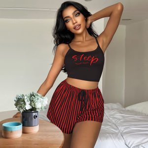 ELF TRIBE Yếm trong bộ đồ ngủ nữ rút dây bộ quần đùi chữ sọc in phụ nữ Homewear có thể được mặc bên ngoài
