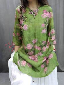 Export Export OEM Goods Genuine Summer New Arrival Retro Ramie Print Lightweight Breathable and Loose Mid-Sleeve Shirt Dress for Women