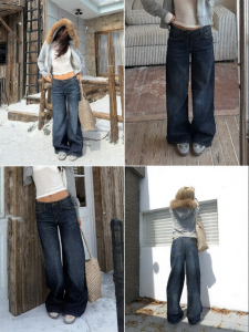 audwyn | Retro Dark Blue Low-Rise Distressed Flared Straight Jean Pants
