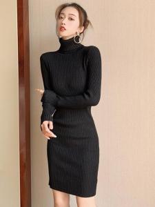 Autumn Winter Thickened High Collar Knitted Slimming Dress Womens Base Layer Sweater Dress for Coat Pure Color Commute Style
