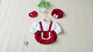 BD15 Bodysuit yếm dài tay hoa nhí đỏ RIOKIDS cho bé gái sơ sinh mặc thôi nôi đầy tháng đi chơi