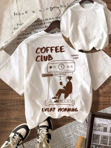 Coffee Club Print T-Shirt Vintage Women Graphic Tops Casual Round Neck Short Sleeve Tee Female Clothing for Spring and Summer