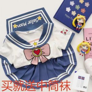 Cute Sailor Girl Skirt Set Korean Style Pleated Cotton Summer Outfit for Girls Photography Props Short Sleeve Top And Skirt