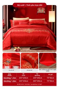 FUANNA (富安娜) | Bộ Đồ Chăn Ga Gối Cưới Màu Đỏ 100% Cotton