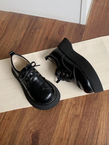 Black Large Head Flat Shoes Womens Thick Bottom Heightening Retro Lace-Up Small Leather Shoes British Style Loafers