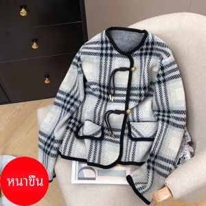 เสื้อแจ็คเก็ตผู้หญิงสีแดงลายสก็อตสไตล์ฝรั่งเศส ทรงหลวม แขนยาว ปกโปโล ผ้ากำมะหยี่ ฤดูใบไม้ร่วง 2024 แฟชั่นสตรี