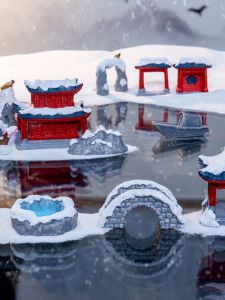 Micro Landscape Creative Retro Chinese Style Jiangnan Snow Bridge House Decoration Handmade Finish Resin Rockery Pavilion