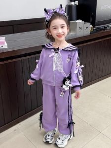 Slp Kiss Girls Set Navy Collar Two-Piece Suite Spring Autumn Childrens Clothing Pure Cotton Kids Outfits School Style