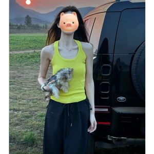 Dopamine Boosting Thai Yellow Knitted Crop Top Womens Summer Design Unique Outerwear Vest Commute Style Slim Fit Single Piece