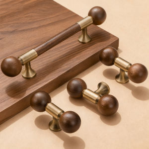 INNDUN | Vintage Chinese Walnut Wood and Brass Pull Handle