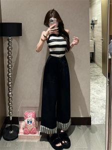 สไตล์เกาหลี ถักยาว ฤดูร้อน เสื้อท่อนบน คอห้อย แขนกุด ชุดยาวพื้น กางเกงขายาว ทันสมัย สองชิ้น เดนิม ชุดสําหรับผู้หญิง