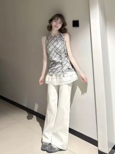 VKSOD | Korean Fashion Slim Fit Plaid Neck Hanging Sleeveless Top Women Summer Casual Loose Jeans Two Piece Set Casual Style