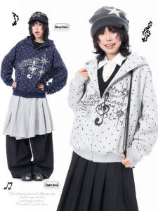 MKGO | American Style Musical Notes Print Hoodie Female Lightweight