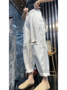 White Hole Harem Jeans Womens Spring/Summer 2024 New Arrival Cropped Wide-Leg Pants Loose Slim Looking Daddy Pants