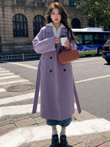 Blue Double-Sided Velvet Woolen Coat 2024 Fall and Winter New Arrival K-style Loose Mid Length Long Length Lace-up Woolen Coat Women