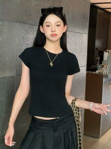 MiiOW | Áo thun cổ tròn tay ngắn dáng ôm mùa hè màu đen nguyên chất cotton MiiOW Cat Person Áo thun thường ngày thoáng khí thấm hút mồ hôi