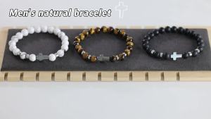 Natural Stone Hematite Stainless Steel Cross Bracelets Elastic Rope Map Lava Bead Bracelet For Men Women Charm Jewelry