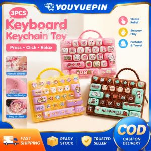 YOUYUEPIN 3pcs 26 Keys Cartoon Cat Keyboard Fidget Toy Cute Silicone Pressing Game Stress Relief Keychain For Kids Adults