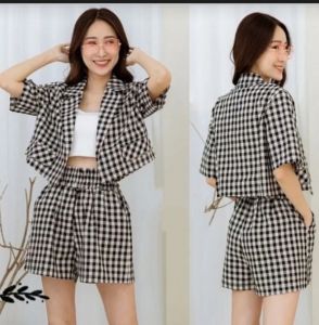 ●ECLAIRE● 063 Setelan Blazer Celana Pendek 2in1 Motif Kotak Gingham Square Geometris Korea Kasual Casual Basic Dailywear Santai ioba