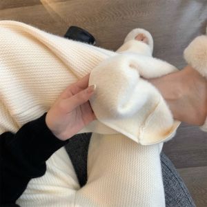 กางเกงขายาวทรงหลวมผ้าถักขนสัตว์สีขาวสำหรับผู้หญิง ฤดูใบไม้ร่วง/ฤดูหนาว บุขนแกะ หนา ทรงหลวม กางเกงขายาวทรงหลวม