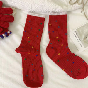 Red Wedding Long Tube Socks Womens Christmas Shark Pants Outfit Matching New Year Greeting Socks Mid-Calf Cotton Blend Socks