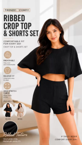 QMissLin QML-0067 Ribbed Crop Top & Shorts Lounge Set for Women Soft Stretch Casual Homewear Two Piece Outfit