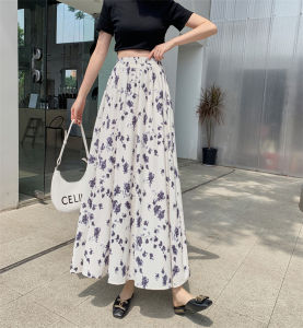 Vacation Floral Chiffon Long Skirt Womens High Waist A-Line Midi Dress Summer New Style Travel Big Swing Skirt to Ankle