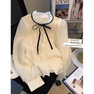Autumn Womens Fashion Blouse with French Design Ruffle and Bow Chiffon