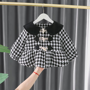 Thickened Plaid Woolen Coat for Girls Autumn Winter Fashionable Korean Style Baby Clothes Doll Collar Single Button Closure