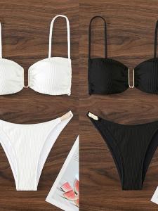 U-Neck Bandeau Two-Piece Swimsuit Bikini Set Casual Surfing Swimwear with Chest Pad No Steel Support Nylon Material