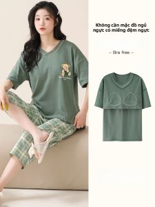 Bộ Đồ Ngủ Cotton Nguyên Chất Mùa Hè Có Đệm Ngực Áo Chui Đầu Cổ Tròn Tay Ngắn Quần Dài Đến Đầu Gối Mặc Nhà Cỡ Lớn