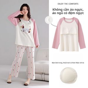 MiiOW | Bộ đồ ngủ cotton mùa hè cho nữ MiiOW có đệm ngực Bộ đồ mặc nhà mỏng thoáng khí Bộ đồ ngủ cotton dài tay cổ tròn