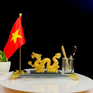 Hộp Đựng Bút Doanh Nhân Rồng Nhả Ngọc 1 cờ Chất Liệu Đồng Mạ Vàng và Pha Lê K9 Quà Lưu Niệm Hộp Bút Để bàn