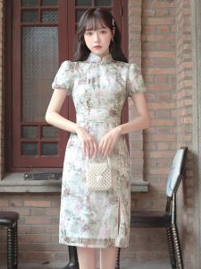 Shujin Summer New Style Slimming Chiffon Daily Wear Girls Dress Improved Stand Collar Bodycon Cheongsam Dress Elegant Floral Pattern