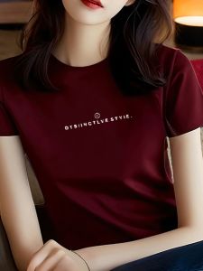 Red Wine Color Short Sleeve Womens T-shirt Pure Cotton Base Shirt Slimming High-End Feeling Summer Fashion Brand Top